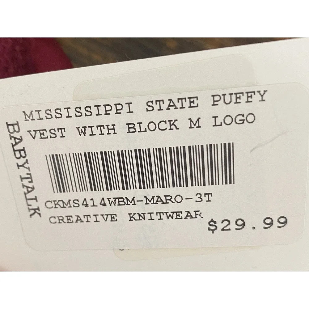 Mississippi State Bulldogs MSU Puffy Vest Maroon Toddlers Kids Size 3T